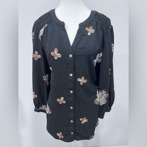 FIGUERO & FLOWER Embroidered Balloon Sleeve Button Down Top EUC